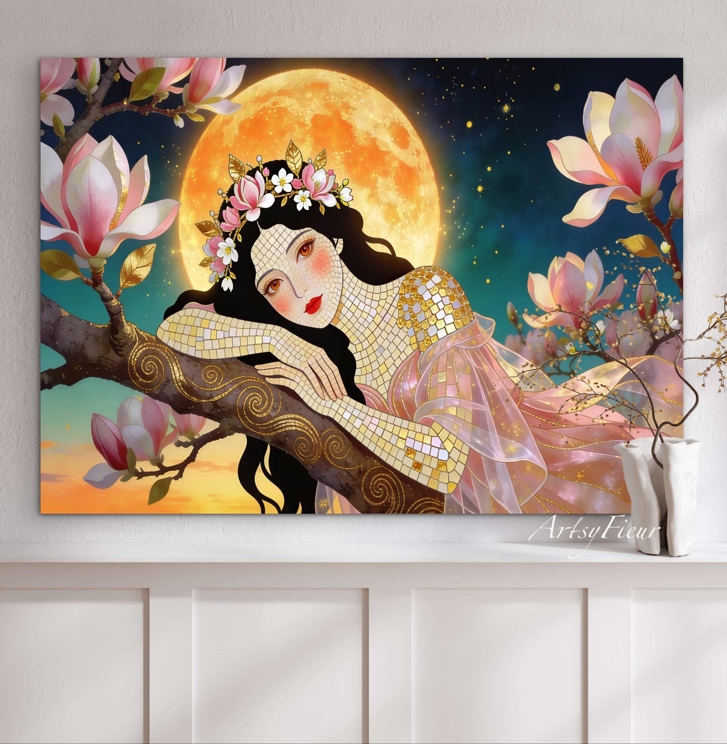 Framed Canvas- Vibrant Magnolia Flowers Beautiful Brunette Woman’s Abstract Portrait Mosaic Original Artwork Fantasy Wall Art Print