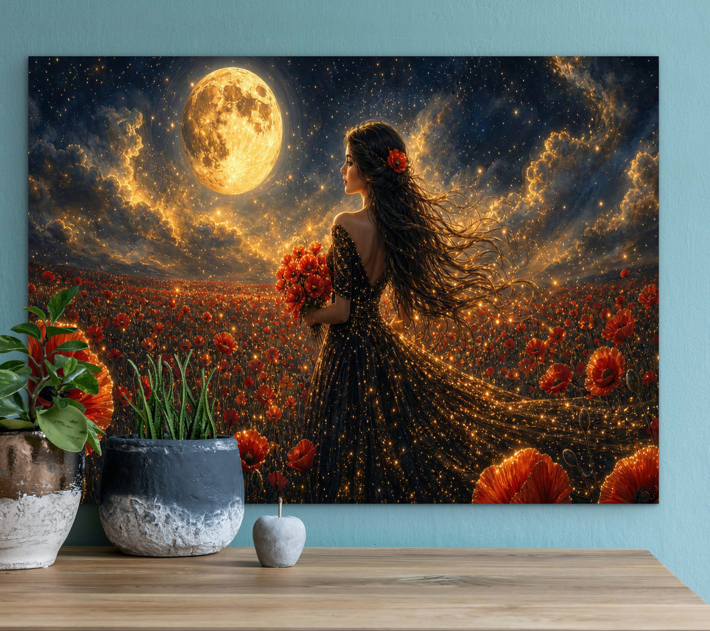 Toile Encadrée - Coquelicots Éclatants, Mariée Excentrique sous la Pleine Lune dans un Champ de Coquelicots, Art Mural Prêt à Accrocher, Peinture à l'Huile, Impression d'Œuvre Originale, Robe de Mariée Noire