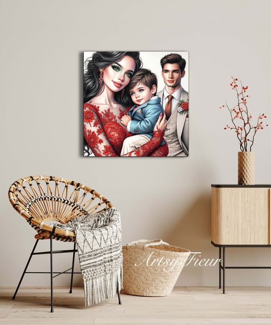 Framed canvas- ready to hang wall art print, colourful drawing abstract family portrait mother and son colourful drawing