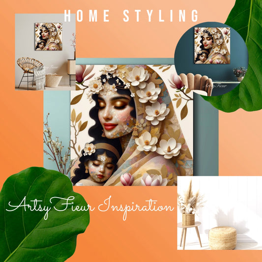 Framed canvas- ready to hang wall art print, abstract mother and daughter portrait Mosaic Magnolia Flowers Indian Beautiful Woman