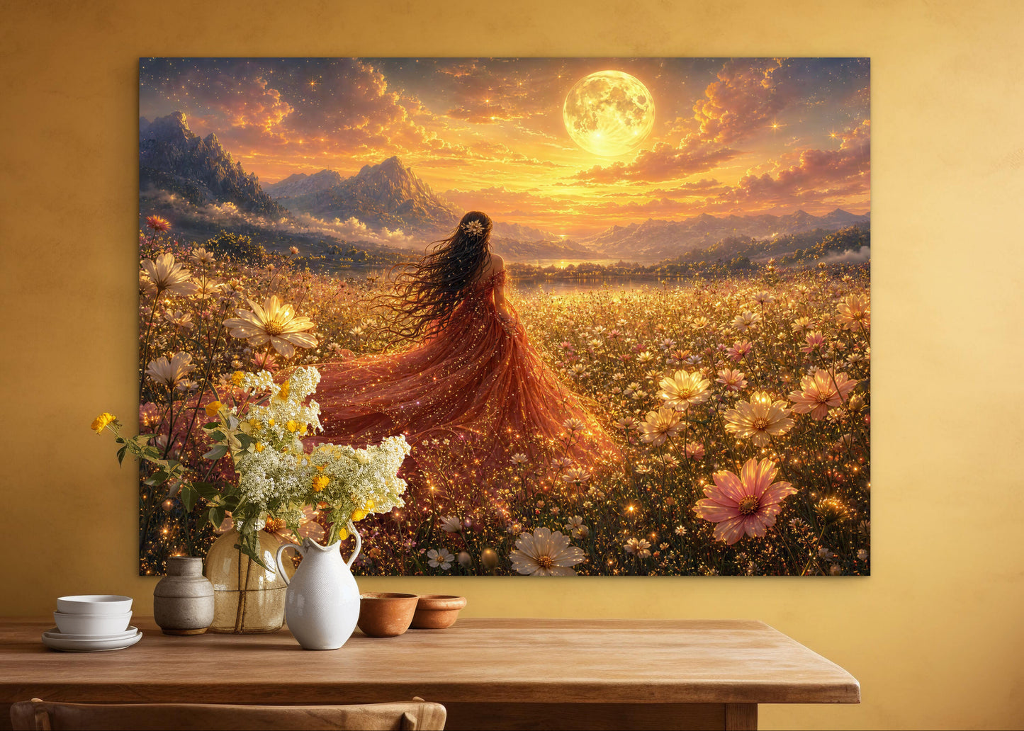 Toile Encadrée - Portrait Abstrait Belle Mariée Champ de Fleurs Sauvages Fantastique Pleine Lune Peinture Impression d'Art