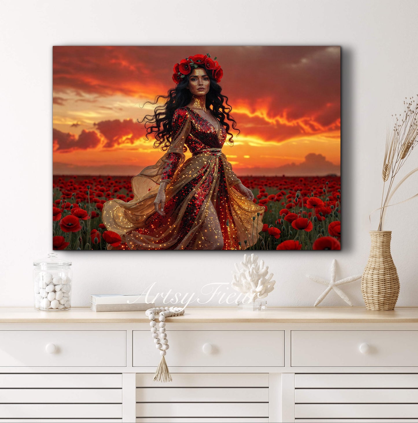 Framed Canvas - Vibrant Poppies Whimsical Sunset Beautiful Brunette in Poppy Field, Wall Art Ready to hang Oil Painting Original Artwork Print