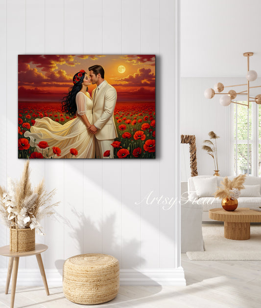 Framed canvas- whimsical full moon sunset bride and groom, wedding, poppy field, vibrant colours living room original artwork, fantasy oil painting wall art print