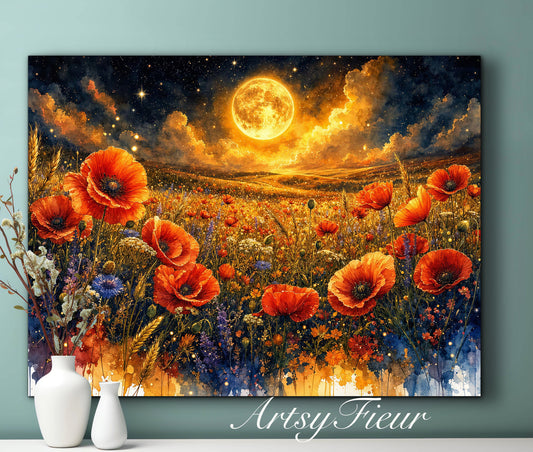 Framed Canvas Print- Vibrant Wildflowers and Poppies Oil Painting Textured Wall Art , Beautiful Original Artwork Ready to Hang Living Room, Floral