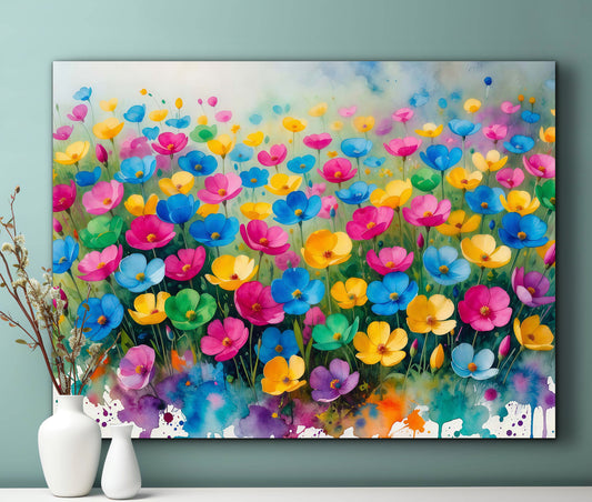 Framed canvas- ready to hang wall art print, beautiful vibrant colours watercolour fantasy painting wildflowers ,floral landscape, unique gift, one of a kind original artwork