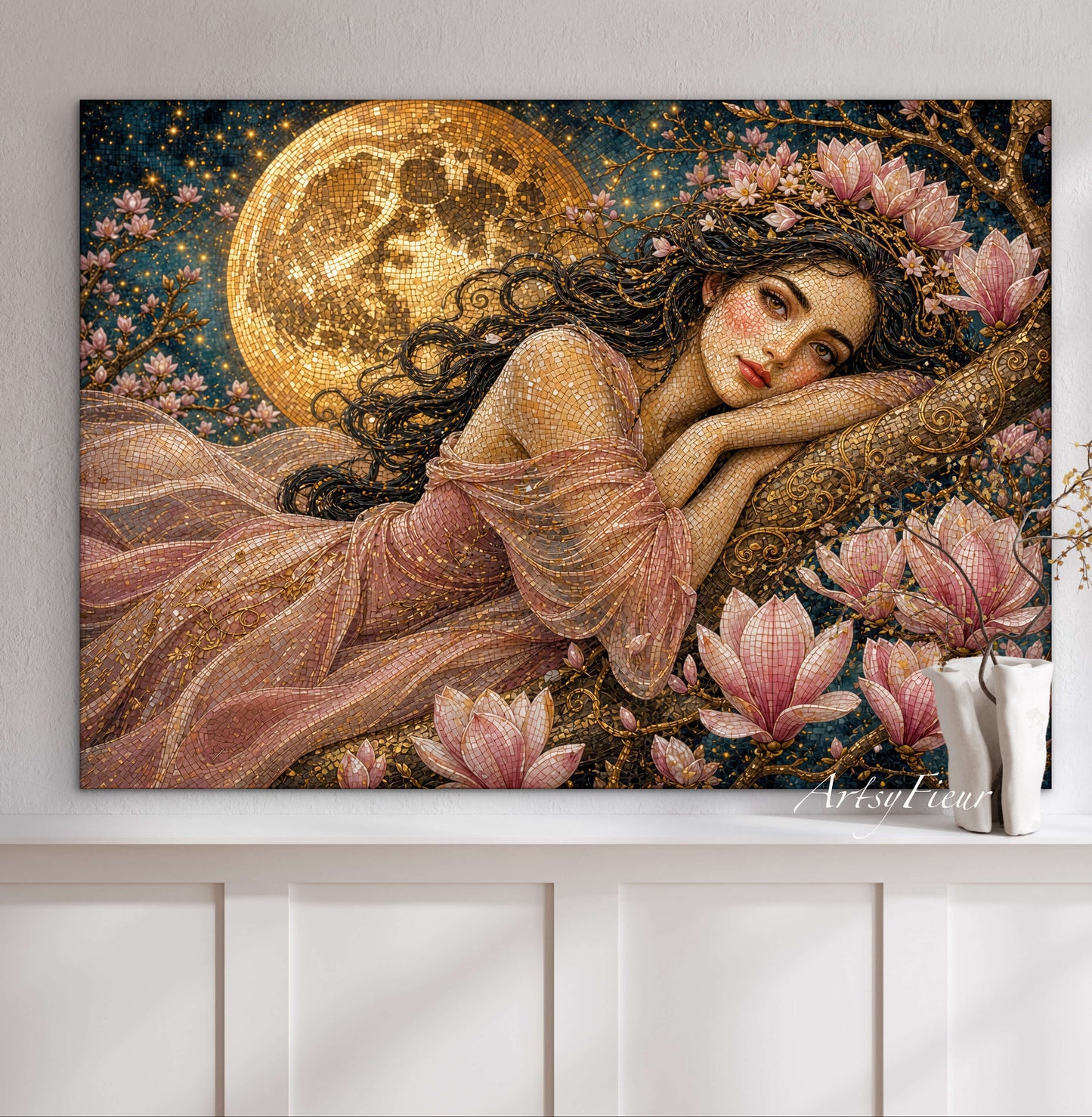 Framed Canvas- Vibrant Magnolia Flowers Beautiful Brunette Woman’s Abstract Portrait Mosaic Original Artwork Fantasy Wall Art Print