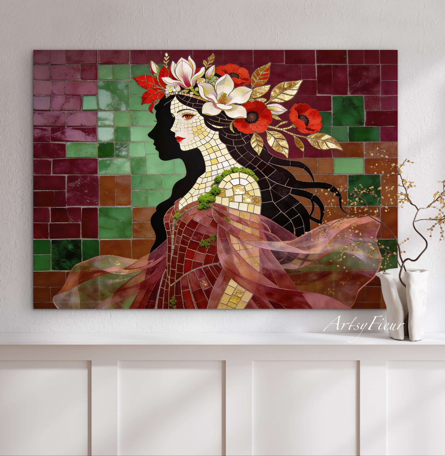 Framed Canvas- Vibrant Magnolia Flowers Beautiful Brunette Woman’s Abstract Portrait Mosaic Original Artwork Fantasy Wall Art Print Mother Nature