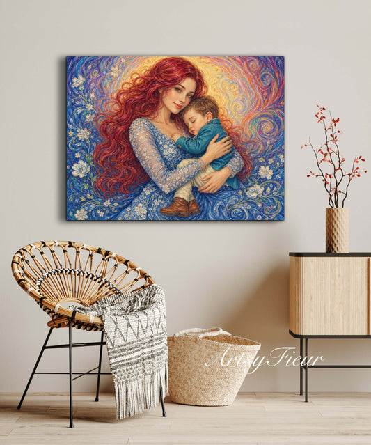 Framed canvas- ready to hang wall art print, vibrant colours crayon drawing abstract portrait mother and son, mother and baby boy, dark hair beautiful red hair woman , mothers day gilt, unique original artwork
