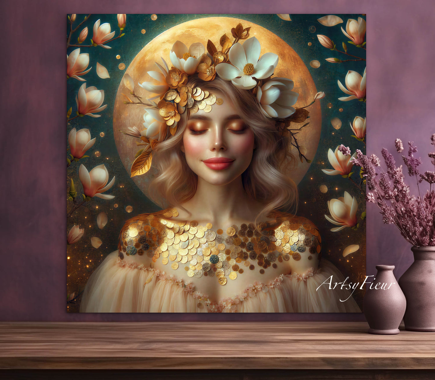 Framed canvas- beautiful blonde woman vibrant magnolia flowers ready to hang wall art print, abstract portrait colourful
