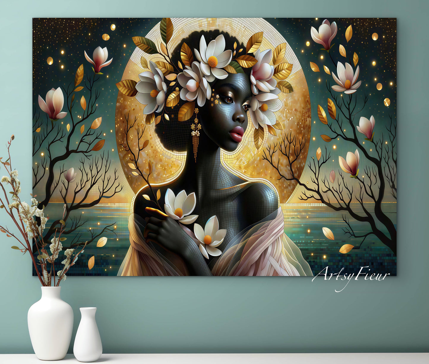 Framed Canvas- Vibrant Magnolia Flowers Beautiful Black Woman’s Abstract Portrait Mosaic Original Artwork Fantasy Wall Art Print
