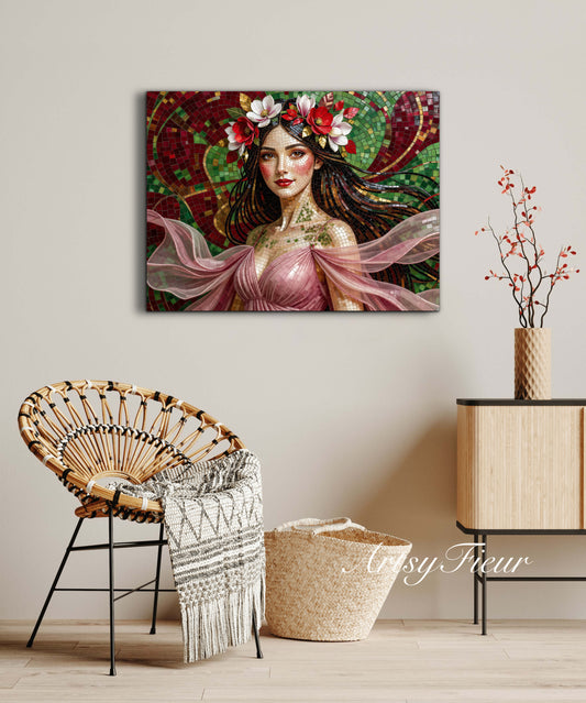 Framed Canvas- Vibrant Magnolia Flowers Beautiful Brunette Woman’s Abstract Portrait Mosaic Original Artwork Fantasy Wall Art Print