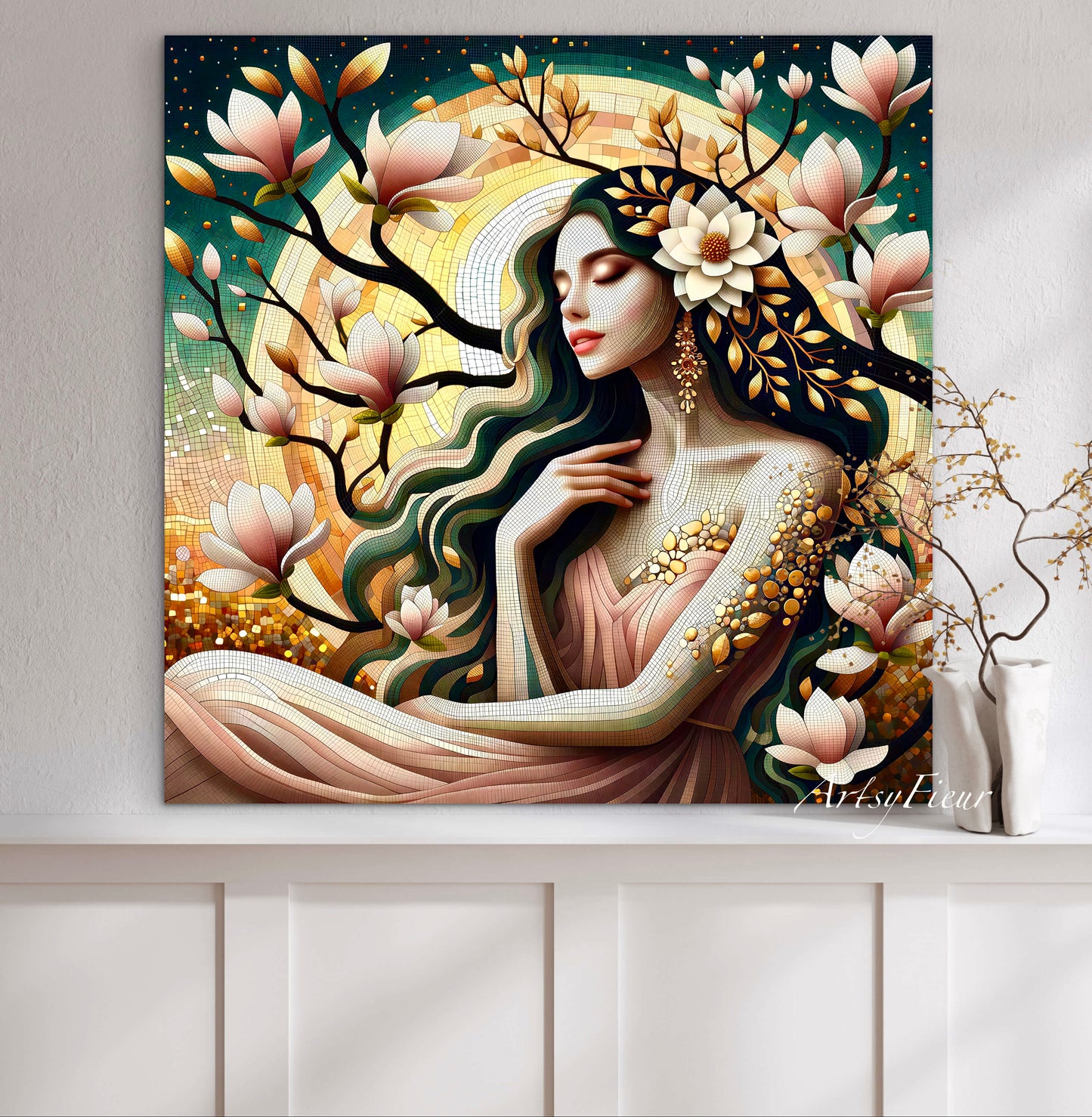 Framed canvas- Original Artwork Vibrant Magnolia Flowers Mosaic Portrait Beautiful Brunette Woman Wall Art Print