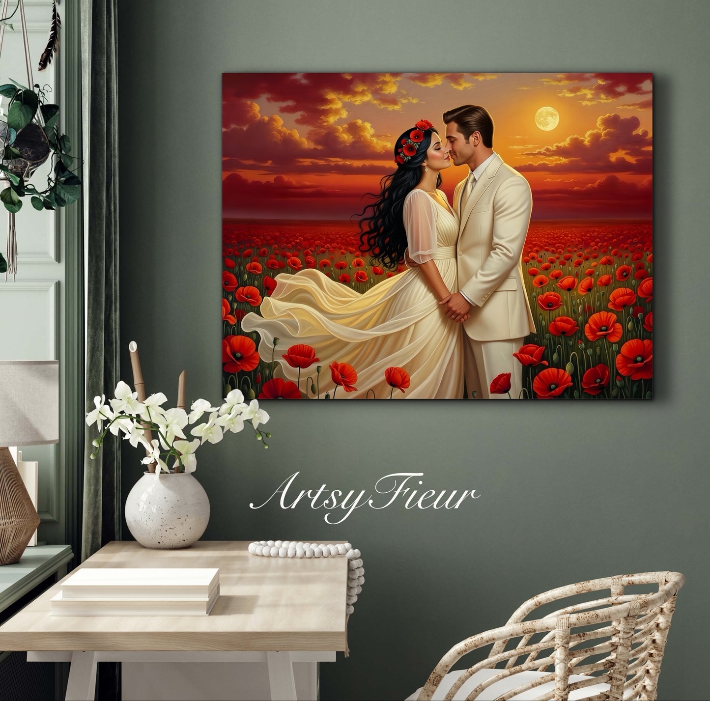 Framed canvas- whimsical full moon sunset bride and groom, wedding, poppy field, vibrant colours living room original artwork, fantasy oil painting wall art print