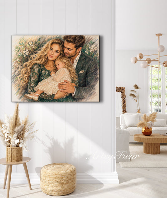 Framed Canvas- Vibrant Mother and Daughter Dad Family Portrait Fantasy Drawing Wall Art Print