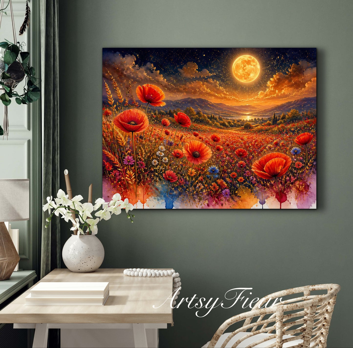 Framed Canvas Print- Vibrant Wildflowers and Poppies Oil Painting Textured Wall Art , Beautiful Original Artwork Ready to Hang Living Room, Floral