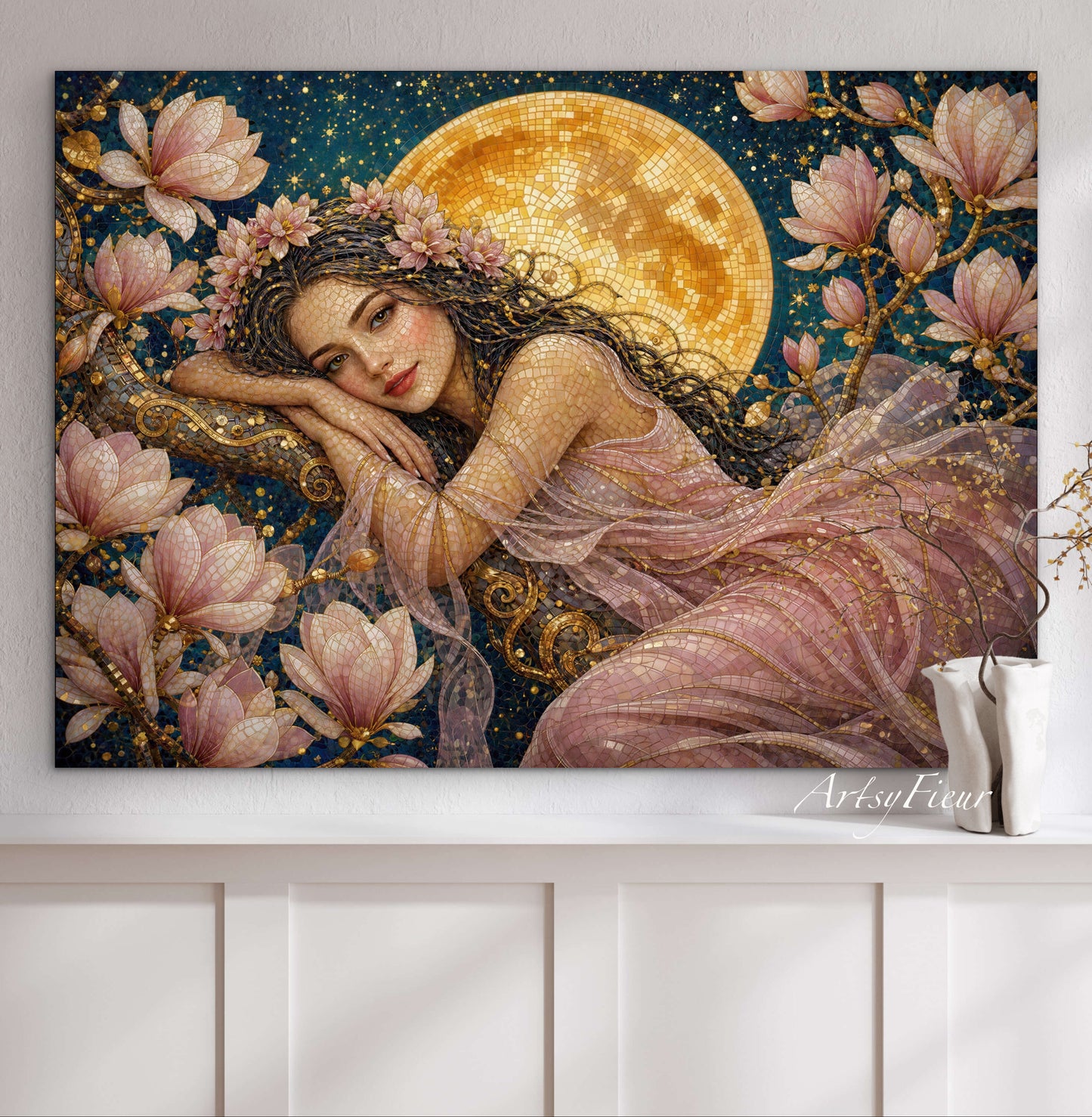 Framed Canvas- Vibrant Magnolia Flowers Beautiful Brunette Woman’s Abstract Portrait Mosaic Original Artwork Fantasy Wall Art Print