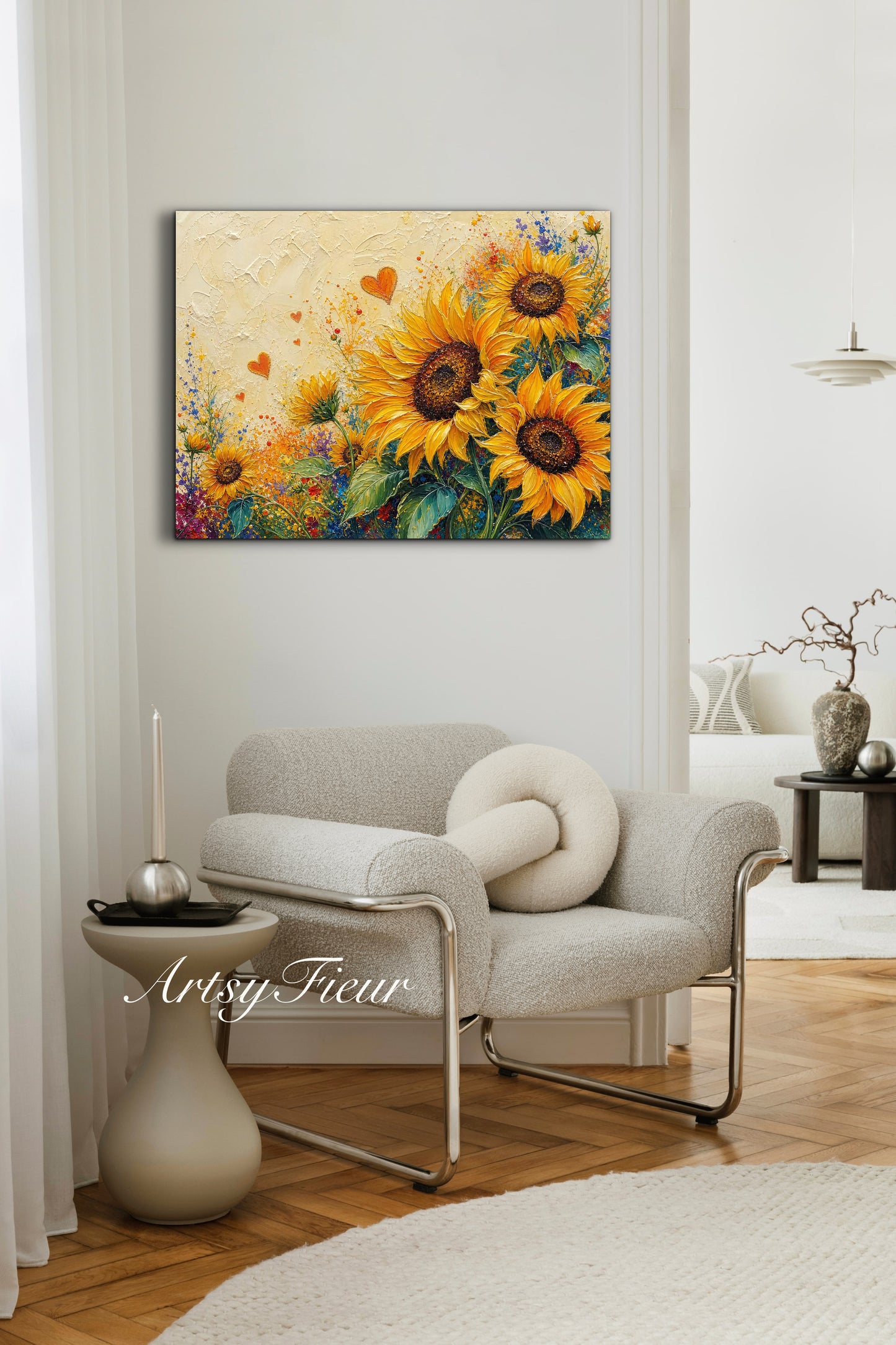 Framed Canvas Print- Vibrant Wildflowers and sunflowers Oil Painting Textured Wall Art , Beautiful Original Artwork Ready to Hang Living Room, Floral