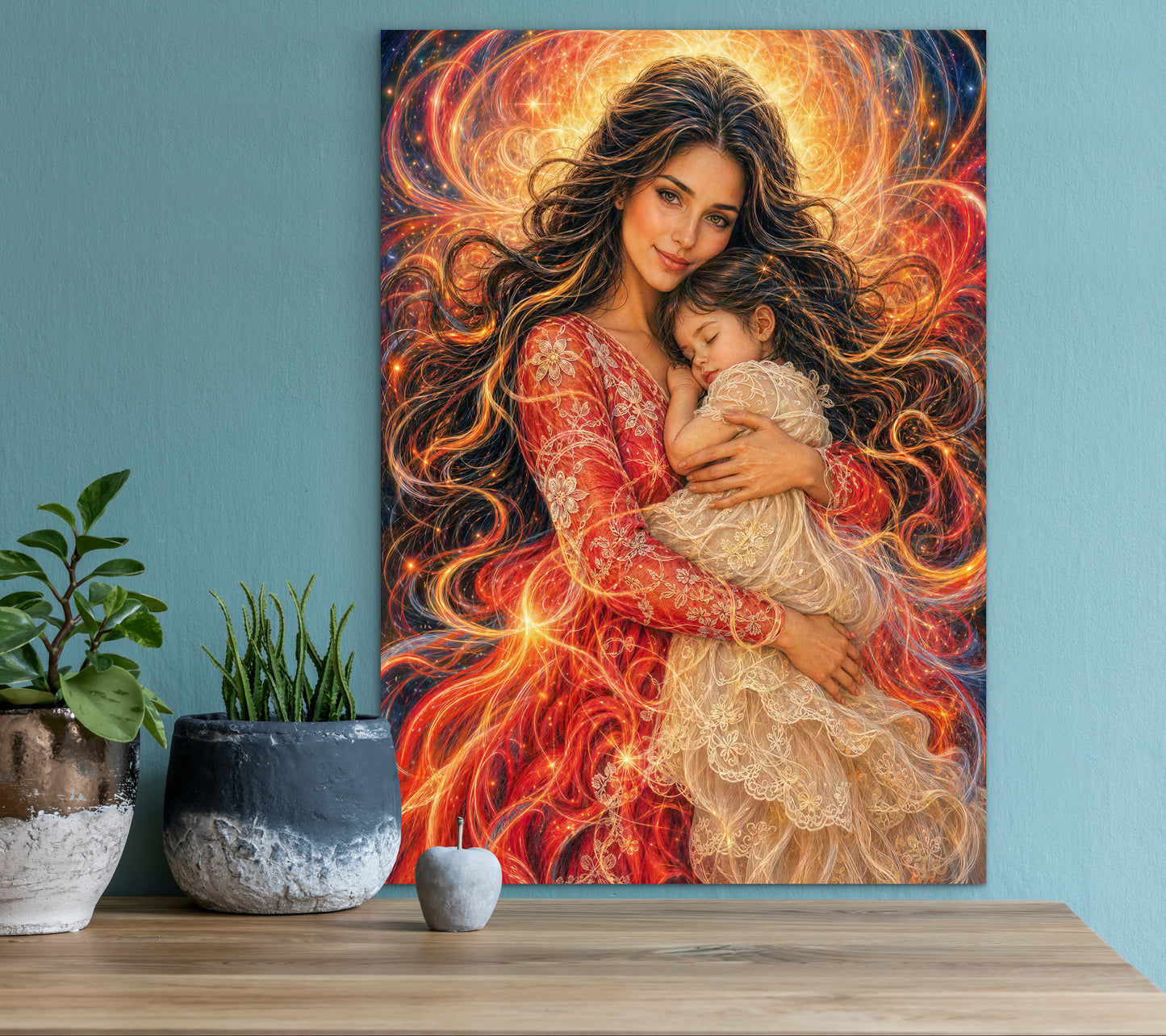 Portrait abstrait mère et fille, toile encadrée prête à être accrochée, petite fille brune aux cheveux foncés