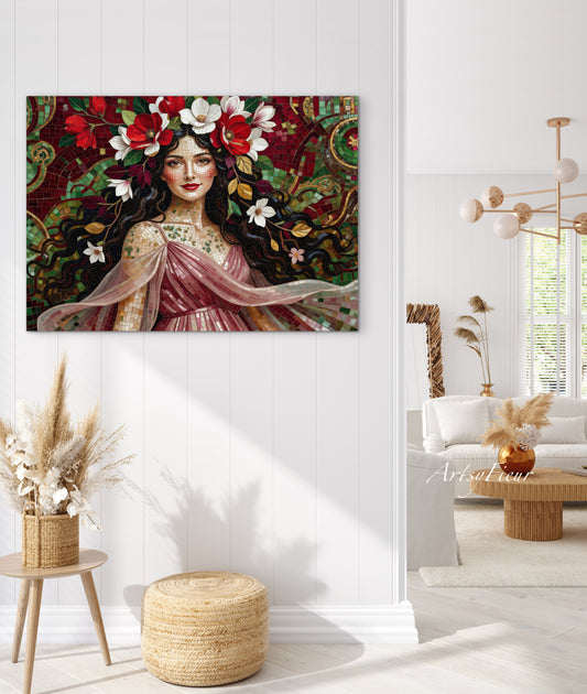 Framed Canvas- Vibrant Magnolia Flowers Beautiful Brunette Woman’s Abstract Portrait Mosaic Original Artwork Fantasy Wall Art Print Mother Nature
