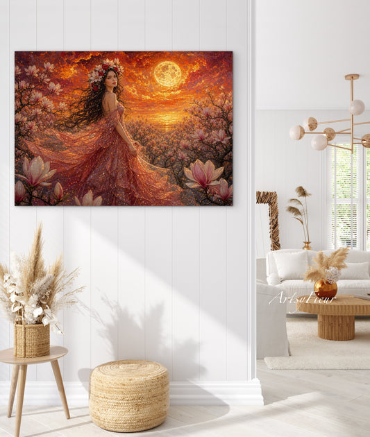 Framed Canvas- Vibrant Magnolia Flowers Beautiful Brunette Woman’s Abstract Portrait Mosaic Original Artwork Fantasy Wall Art Print