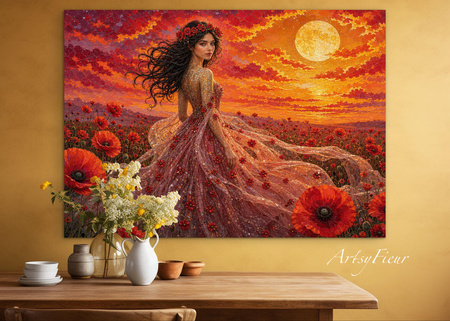 Framed Canvas - Vibrant Poppies Whimsical Full Moon Bride in Poppy Field, Wall Art Ready to hang Oil Painting Original Artwork Print
