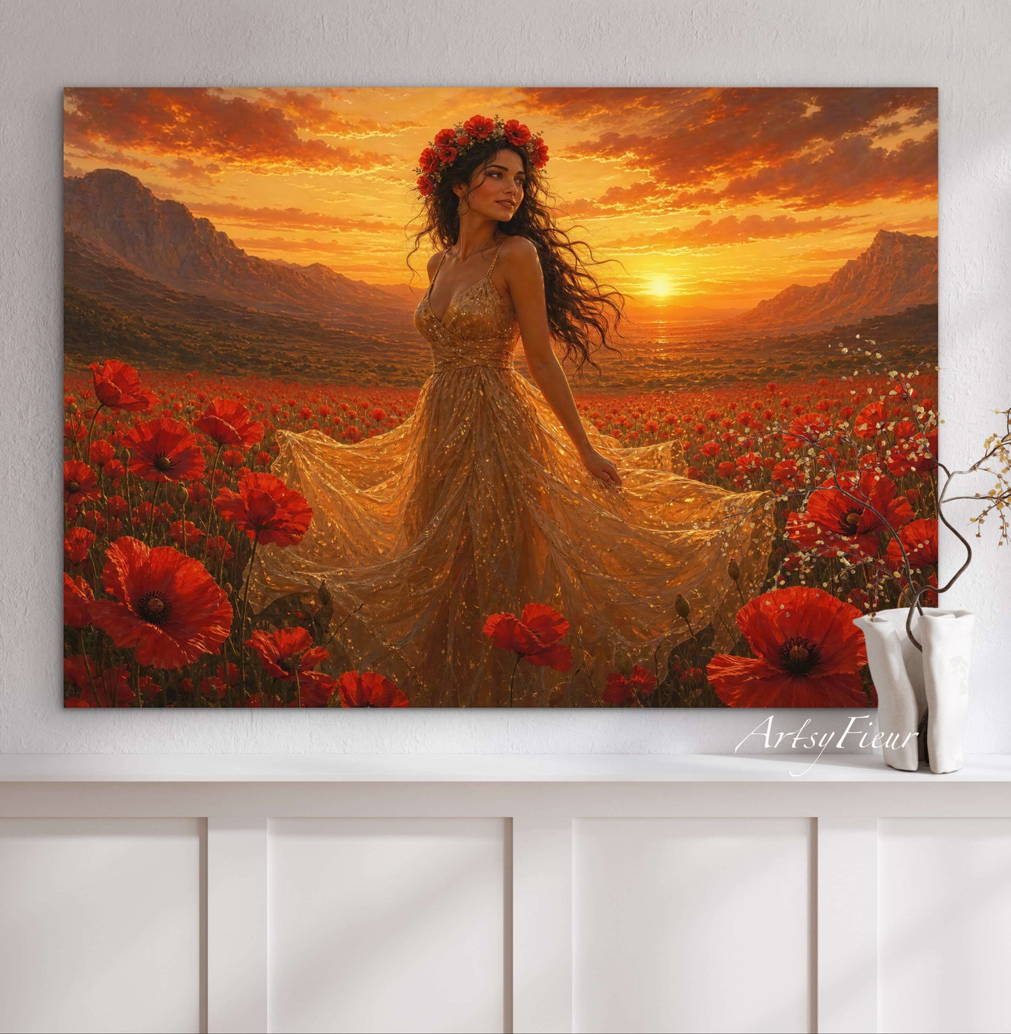 Framed Canvas - Vibrant Poppies Whimsical Full Moon Bride in Poppy Field, Wall Art Ready to hang Oil Painting Original Artwork Print