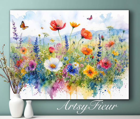 Framed canvas- ready to hang wall art print, beautiful vibrant colours watercolour fantasy painting wildflowers ,floral landscape, unique gift, one of a kind original artwork