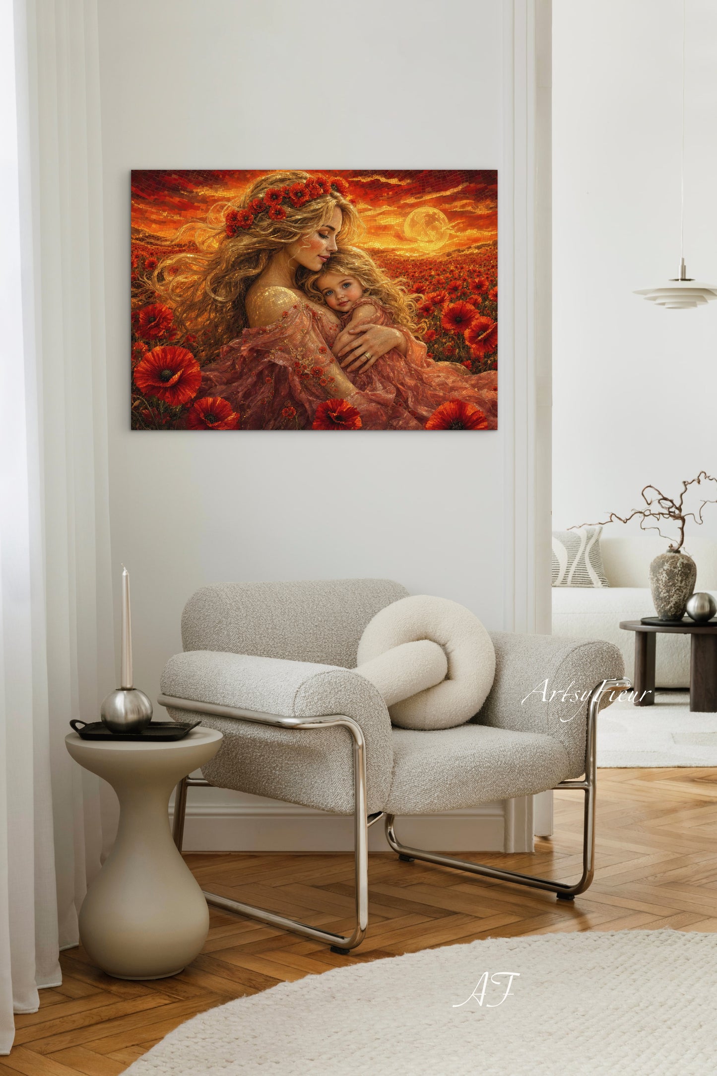 Framed Canvas- Vibrant Poppies Field Mother and Daughter Portrait Whimsical Full Moon Sunset Fantasy Oil Painting Wall Art Print