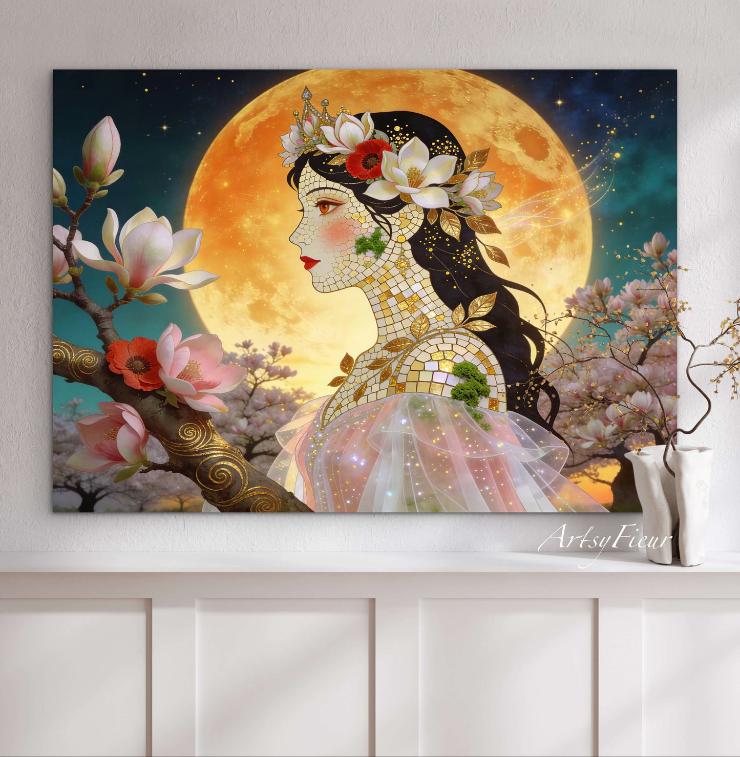 Framed Canvas- Vibrant Magnolia Flowers Beautiful Brunette Woman’s Abstract Portrait Mosaic Original Artwork Fantasy Wall Art Print Mother Nature