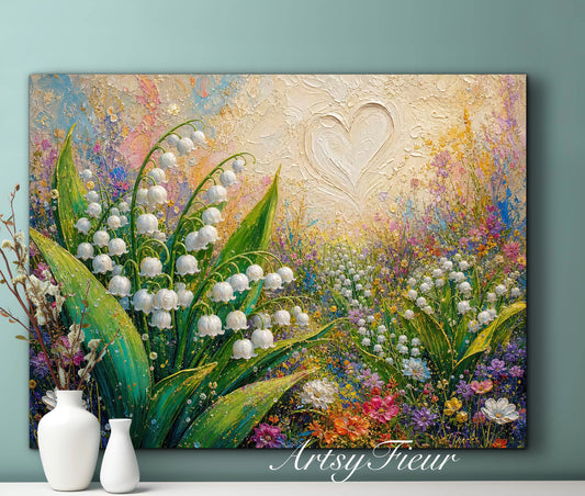 Framed Canvas Print- Vibrant Wildflowers and lily of the valley Oil Painting Textured Wall Art , Beautiful Original Artwork Ready to Hang Living Room, Floral