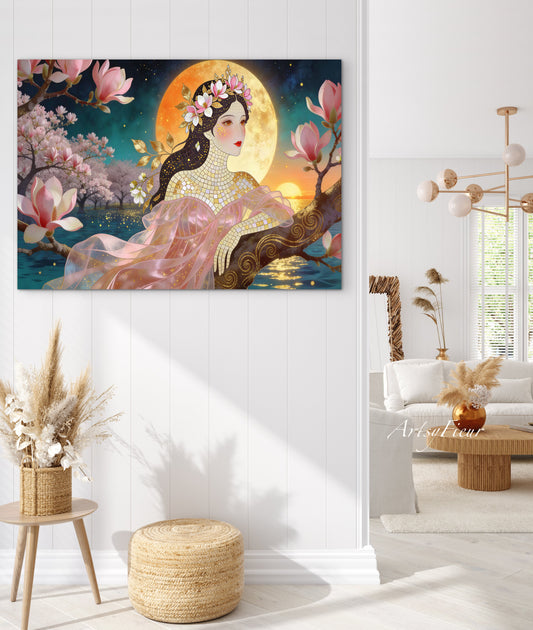 Framed Canvas- Vibrant Magnolia Flowers Beautiful Brunette Woman’s Abstract Portrait Mosaic Original Artwork Fantasy Wall Art Print