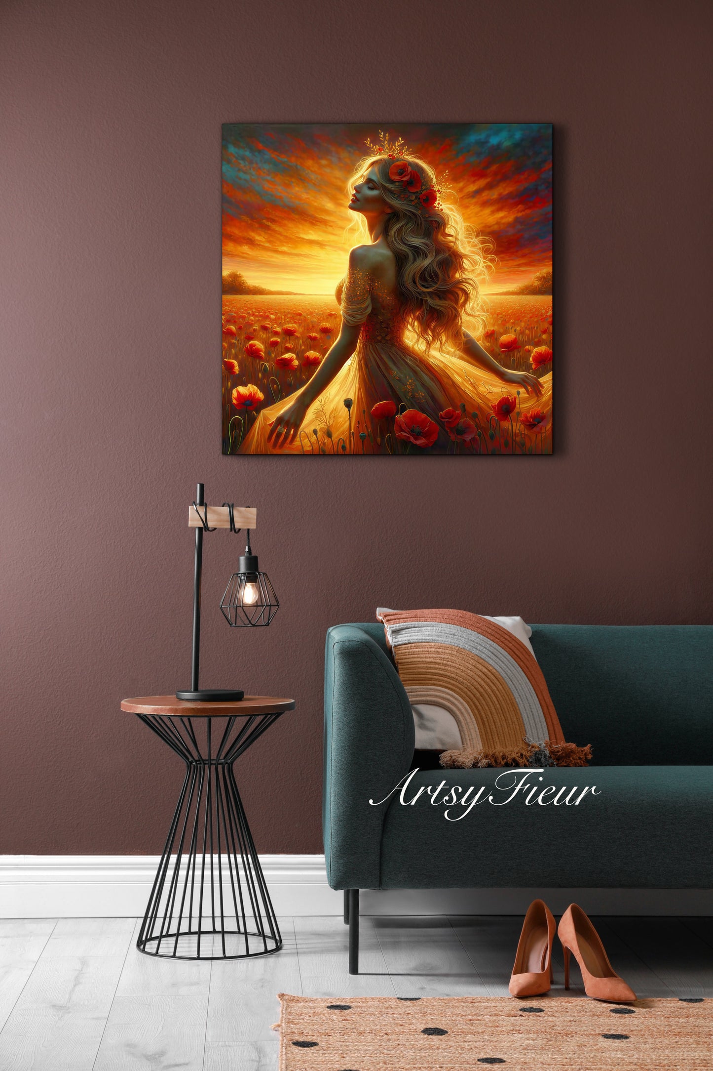 Framed canvas- Original Artwork Vibrant Poppies watercolour floral painting beautiful blondewoman ready to hang wall art print, abstract portrait colourful painting for living room