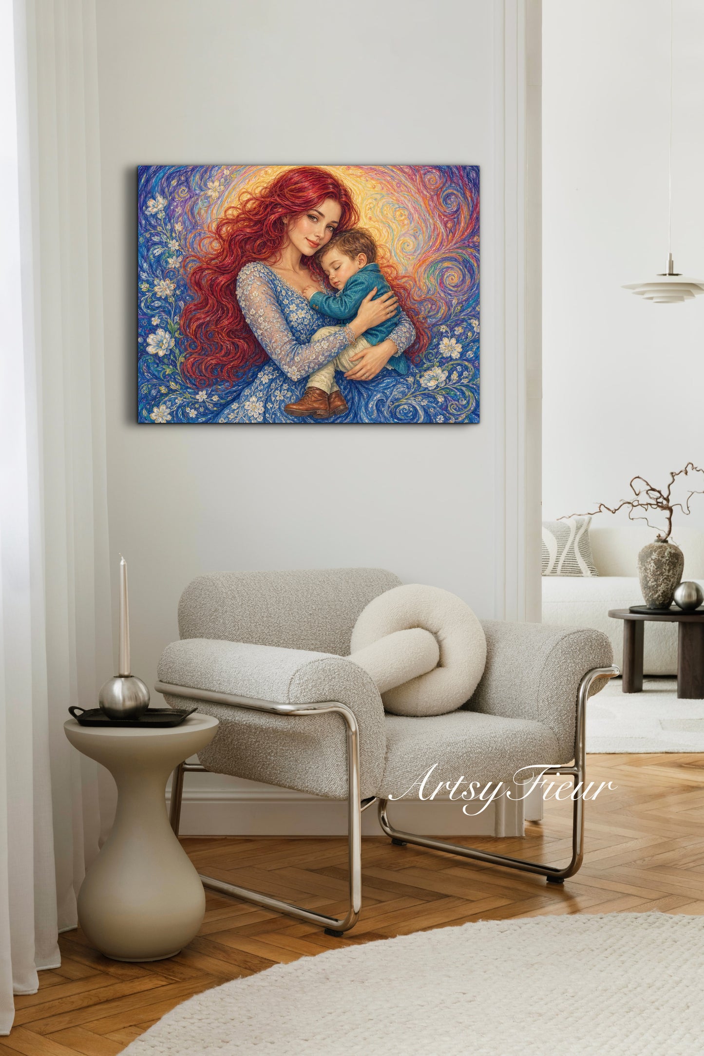 Framed canvas- ready to hang wall art print, vibrant colours crayon drawing abstract portrait mother and son, mother and baby boy, dark hair beautiful red hair woman , mothers day gilt, unique original artwork