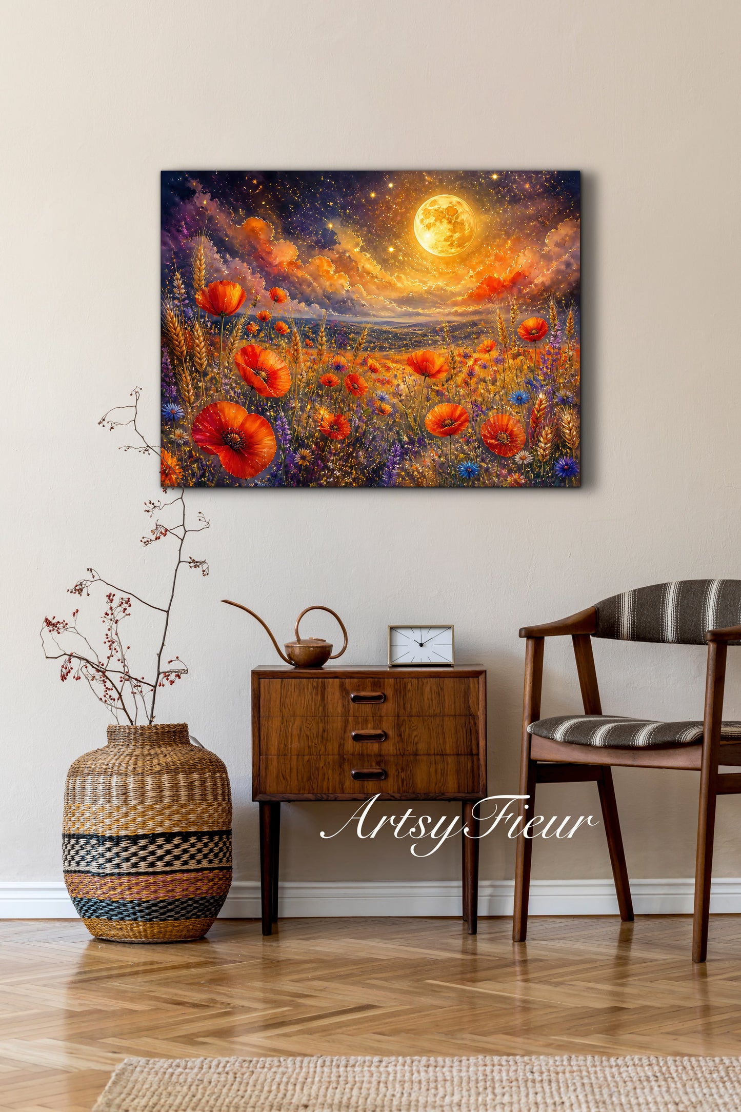 Framed Canvas Print- Vibrant Wildflowers and Poppies Oil Painting Textured Wall Art , Beautiful Original Artwork Ready to Hang Living Room, Floral