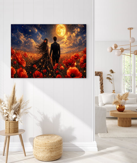 Framed canvas- whimsical full moon sunset bride and groom, black wedding dress poppy field, vibrant colours living room original artwork, fantasy oil painting wall art print