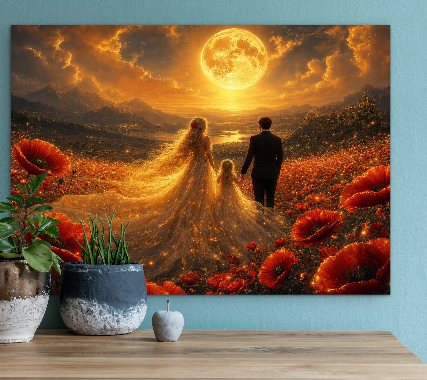 Toile encadrée Coquelicots vibrants - Peinture à l'huile fantaisiste pleine lune pour célébration de mariage, portrait de famille mère et fille, impression d'art murale originale