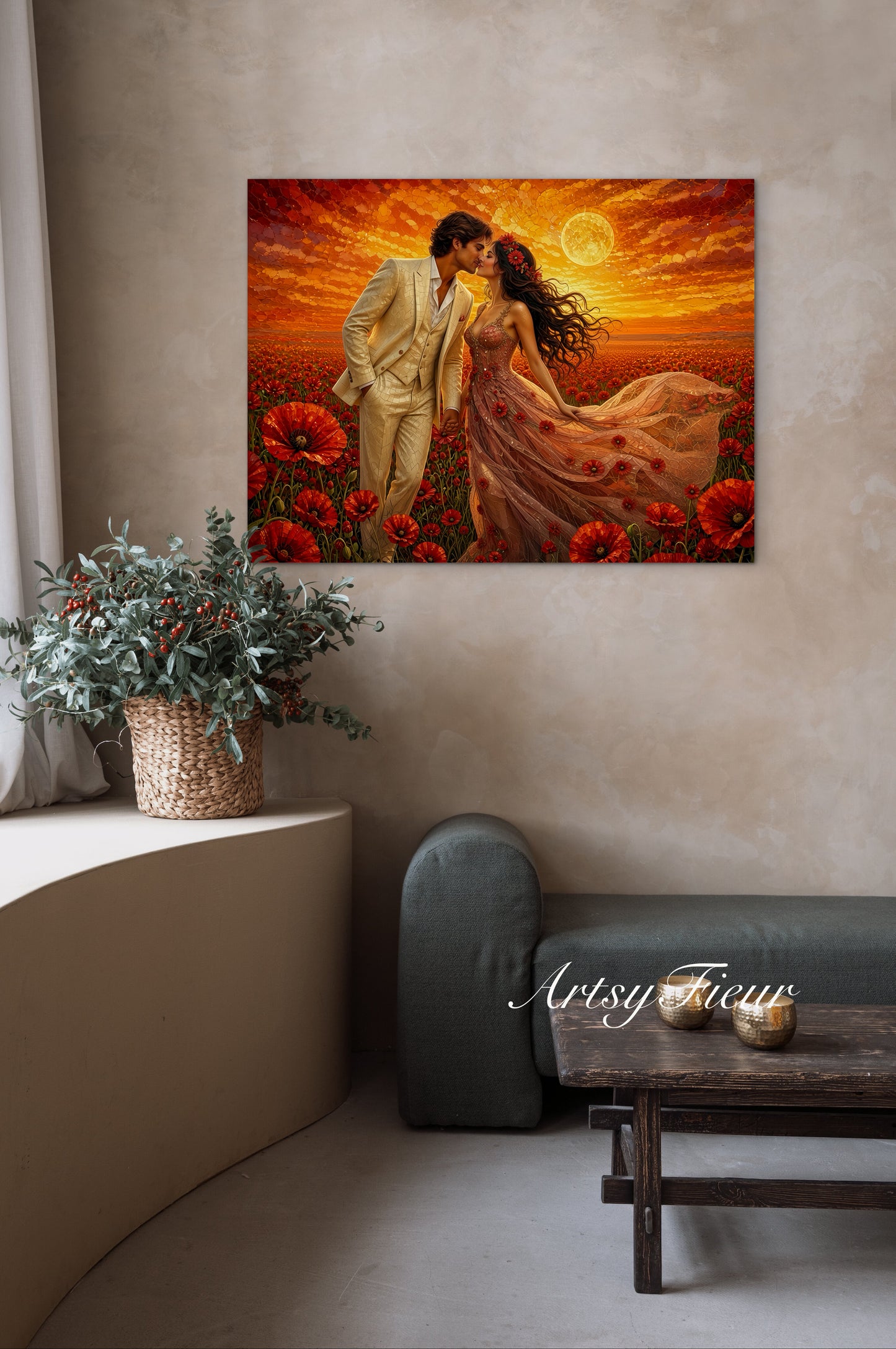 Framed canvas- whimsical full moon sunset bride and groom, wedding, poppy field, vibrant colours living room original artwork, fantasy oil painting wall art print
