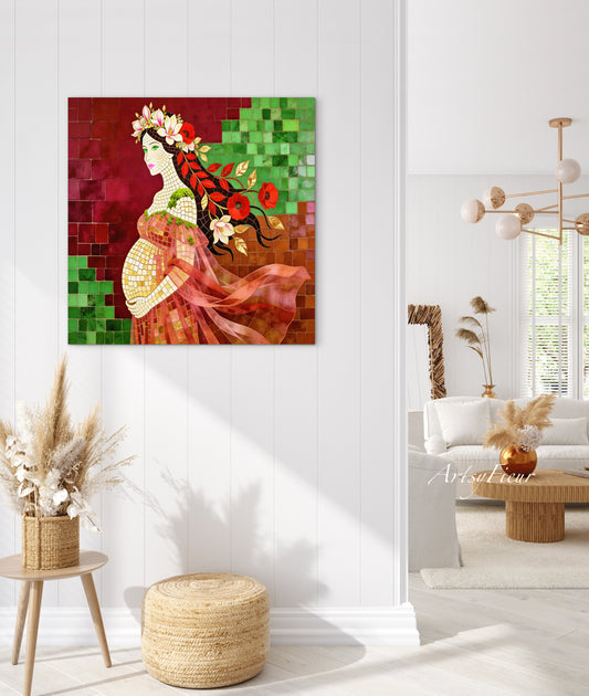 Framed Canvas- Vibrant Magnolia Flowers Beautiful Brunette Pregnant Woman’s Abstract Portrait Mosaic Original Artwork Fantasy Wall Art Print Mother Nature