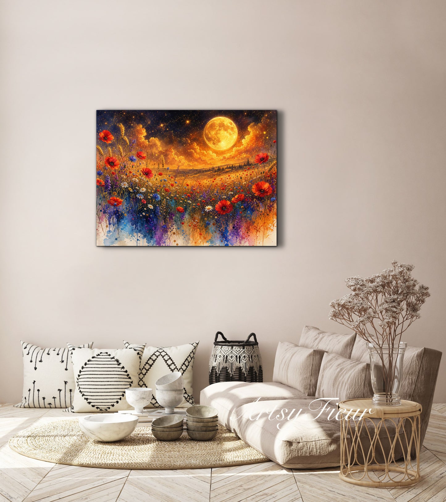 Framed Canvas Print- Vibrant Wildflowers and Poppies Oil Painting Textured Wall Art , Beautiful Original Artwork Ready to Hang Living Room, Floral