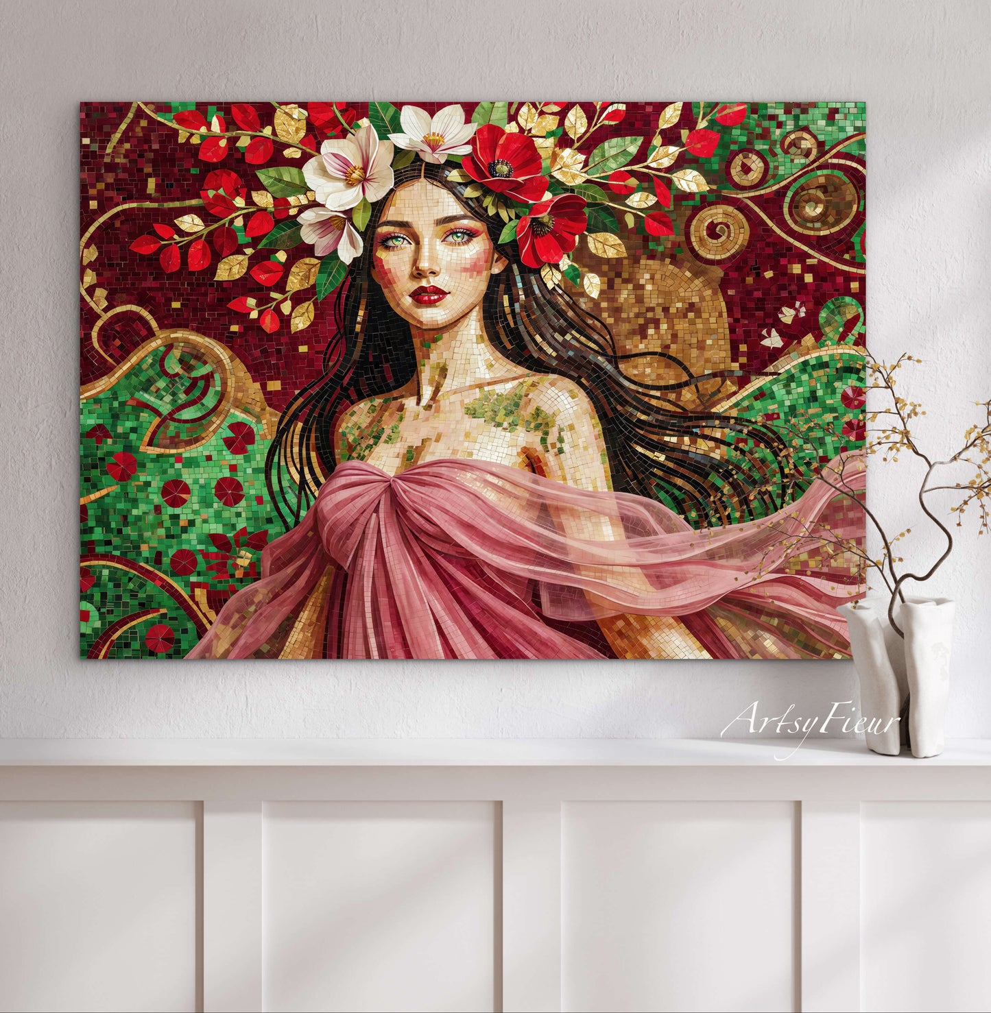 Framed Canvas- Vibrant Magnolia Flowers Beautiful Brunette Woman’s Abstract Portrait Mosaic Original Artwork Fantasy Wall Art Print Mother Nature