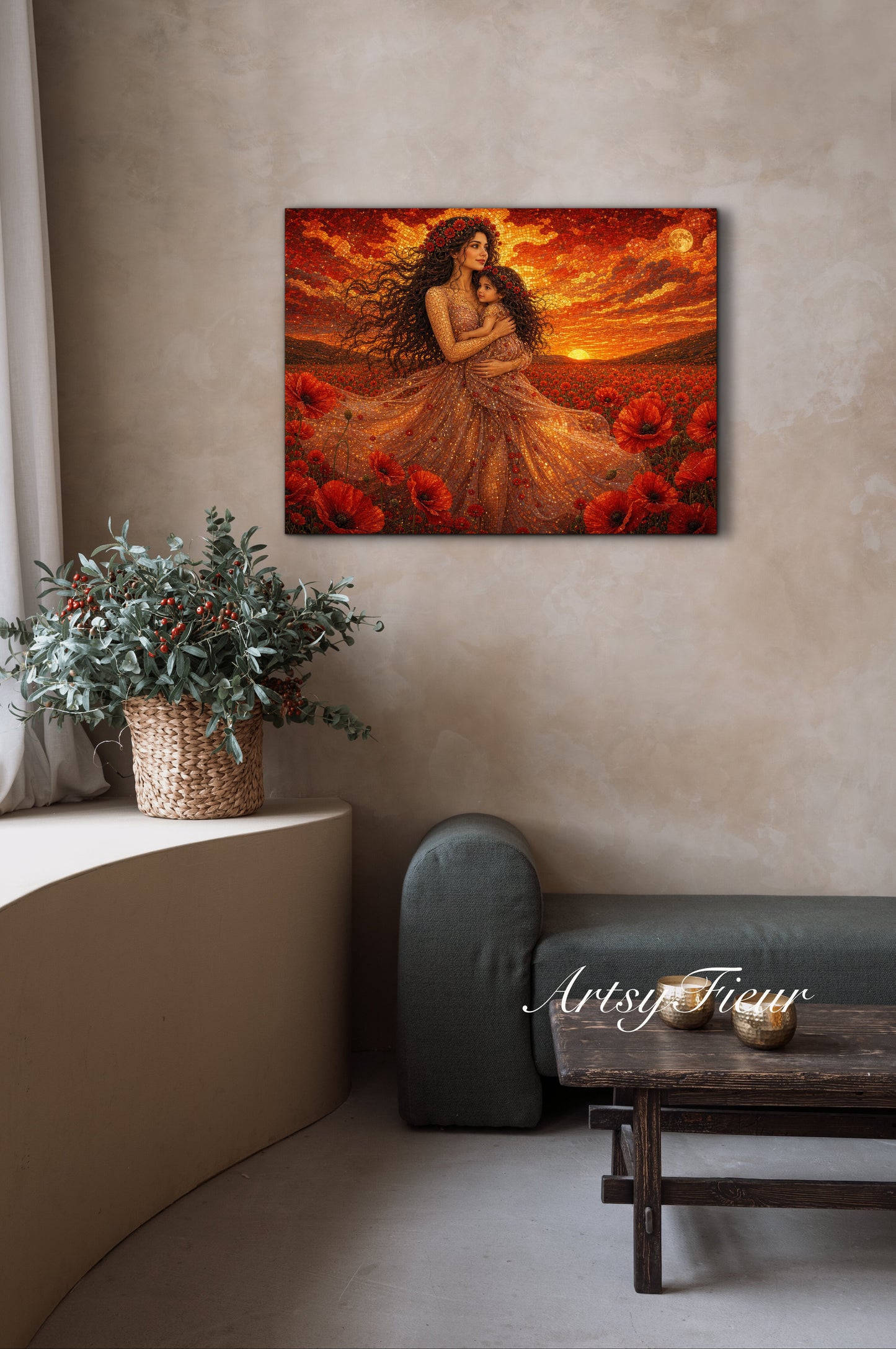 Framed Canvas- Vibrant Poppies Field Mother and Daughter Portrait Whimsical Full Moon Sunset Fantasy Oil Painting Wall Art Print