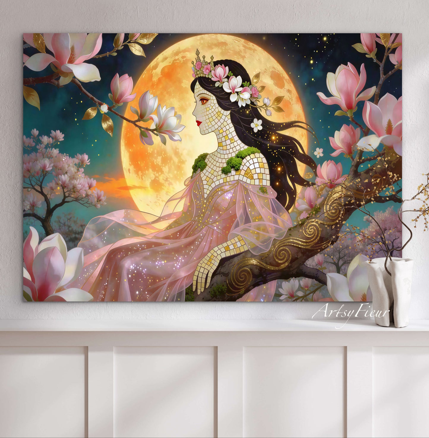Framed Canvas- Vibrant Magnolia Flowers Beautiful Brunette Woman’s Abstract Portrait Mosaic Original Artwork Fantasy Wall Art Print Mother Nature
