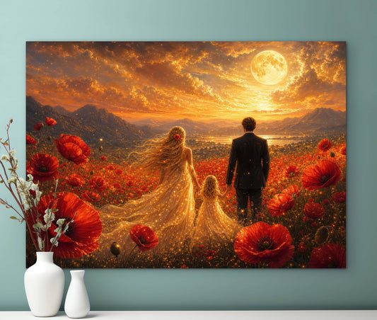 Framed Canvas Vibrant Poppies- Whimsical full moon fantasy oil painting Wedding celebration mother and daughter beautiful family portrait Original wall art print