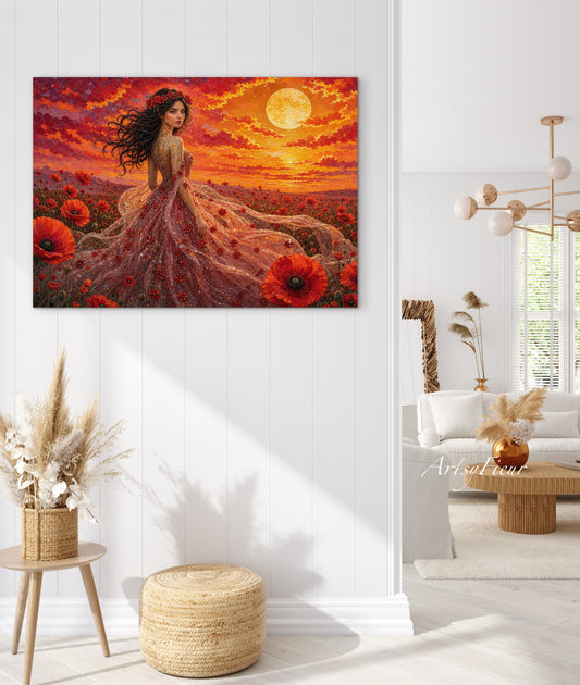 Framed Canvas - Vibrant Poppies Whimsical Full Moon Bride in Poppy Field, Wall Art Ready to hang Oil Painting Original Artwork Print
