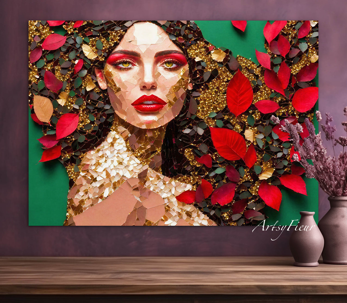 Framed Canvas- Vibrant Colours Beautiful Brunette Woman’s Abstract Portrait Mosaic Original Artwork Fantasy Wall Art Print
