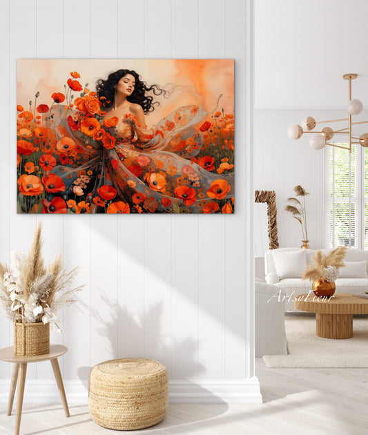 Framed Canvas - Vibrant Poppies Whimsical Full Moon Beautiful Brunette Woman in the Poppy Field, Wall Art Ready to hang Oil Painting Original Artwork Print