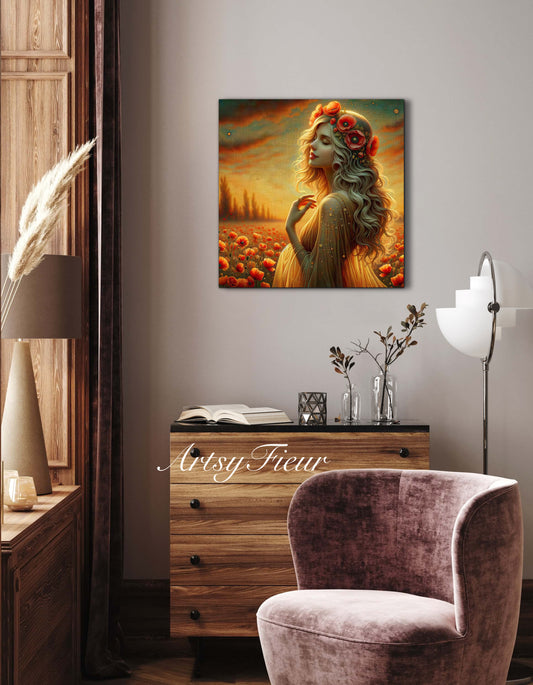 Framed canvas- Original Artwork Vibrant Poppies watercolour floral painting beautiful blondewoman ready to hang wall art print, abstract portrait colourful painting for living room