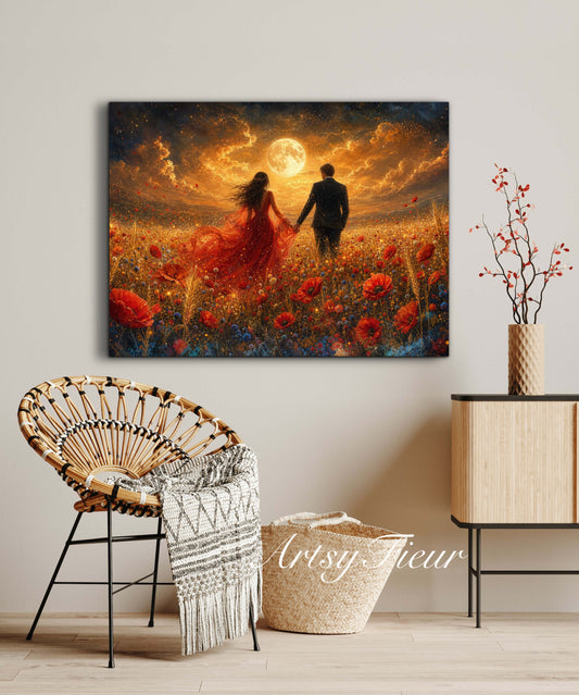 Framed canvas- whimsical full moon sunset -bride and groom, wedding gift, fantasy oil painting bedroom wall art print floral poppies field colourful vibrant colours