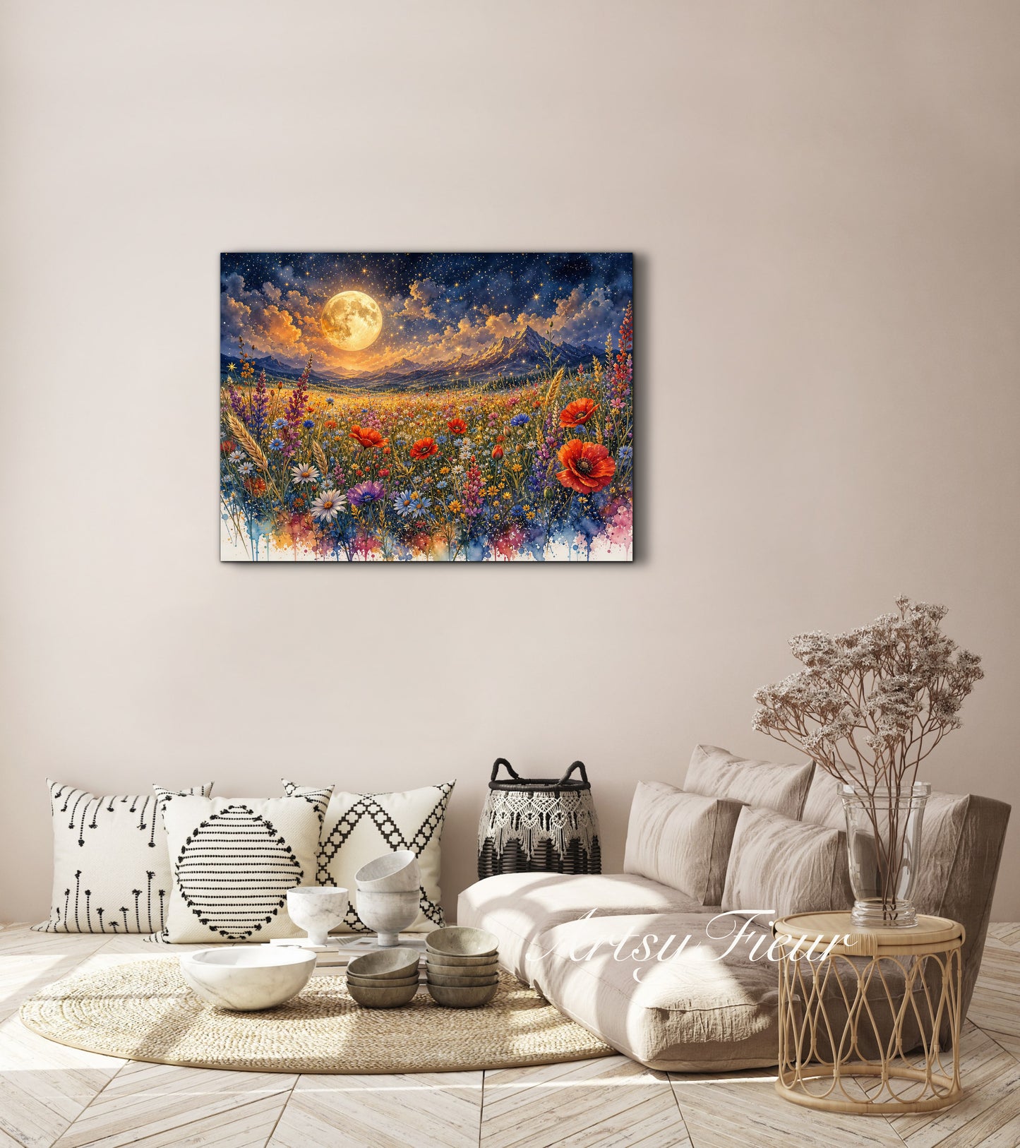 Framed Canvas Print- Vibrant Wildflowers and Poppies Oil Painting Textured Wall Art , Beautiful Original Artwork Ready to Hang Living Room, Floral