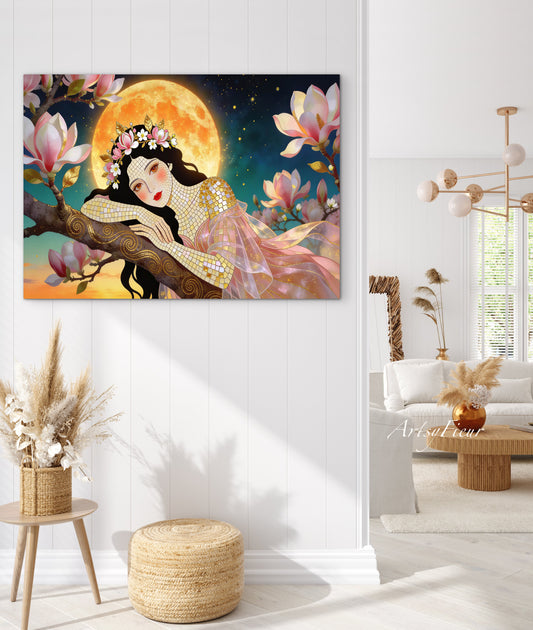 Framed Canvas- Vibrant Magnolia Flowers Beautiful Brunette Woman’s Abstract Portrait Mosaic Original Artwork Fantasy Wall Art Print